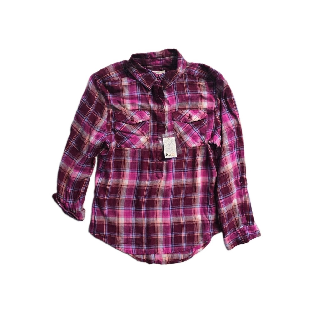 Mudd Girls Long-Sleeve Shirt Button Pink Plaid Rayon 14 NWT